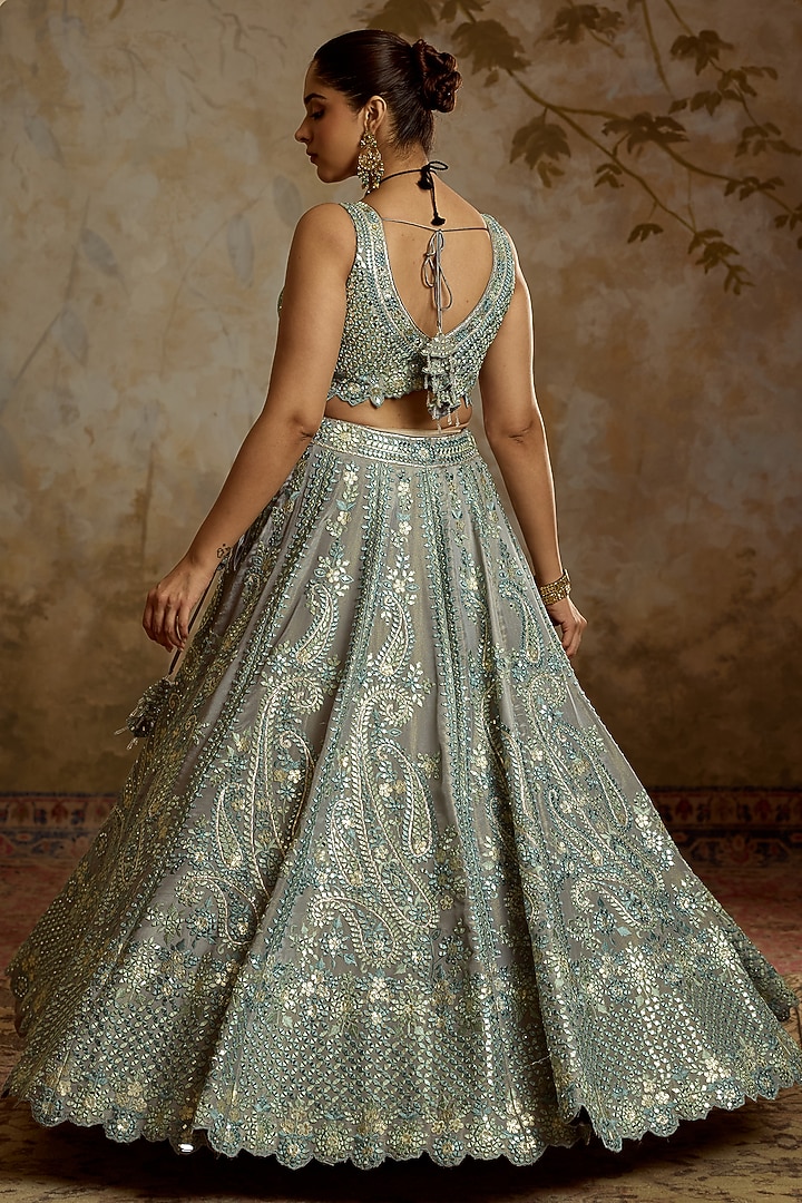 Grey Tissue Mirror Embroidered Wedding Lehenga Set by Suhino at Pernia's Pop Up Shop