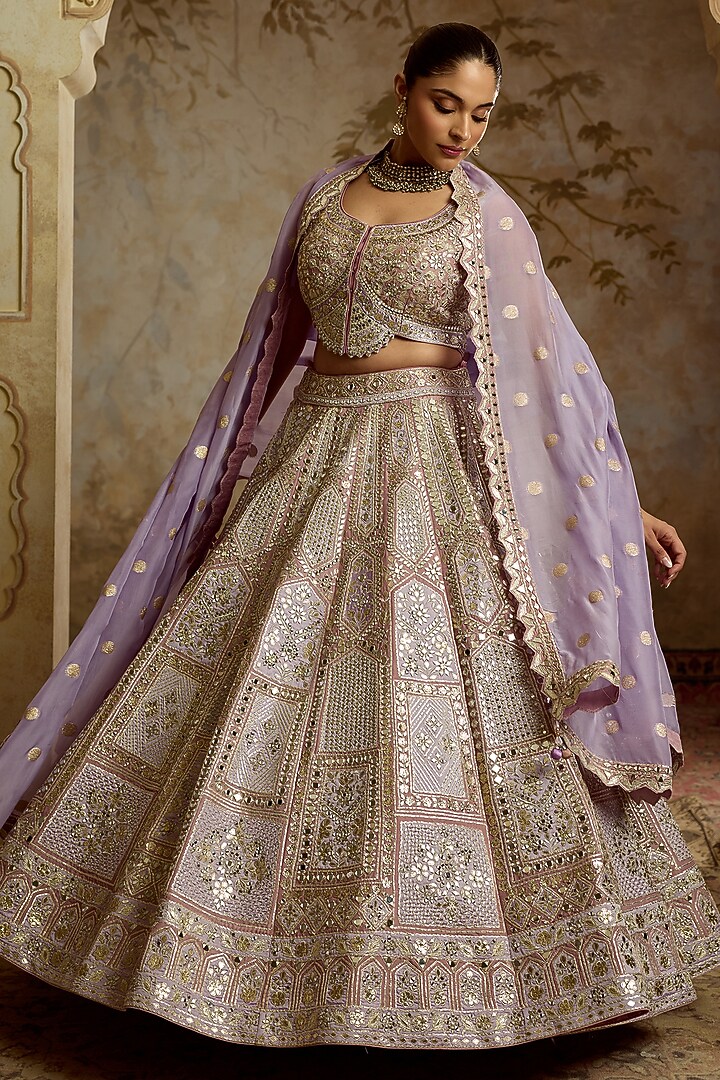 Purple Tissue Mirror Embroidered Wedding Lehenga Set by Suhino at Pernia's Pop Up Shop