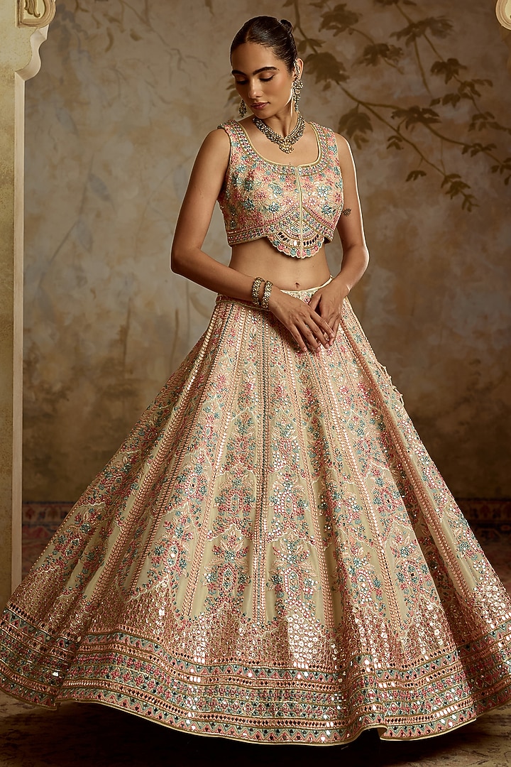 Ivory Tissue Mirror Embroidered Wedding Lehenga Set by Suhino at Pernia's Pop Up Shop
