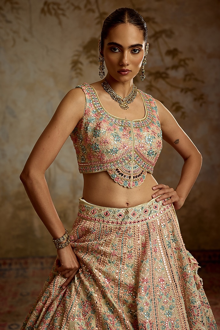Ivory Tissue Mirror Embroidered Wedding Lehenga Set by Suhino at Pernia's Pop Up Shop