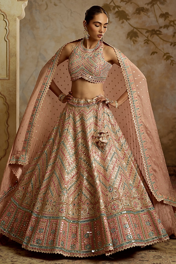 Peach Tissue Mirror & Gota Embroidered Wedding Lehenga Set by Suhino at Pernia's Pop Up Shop