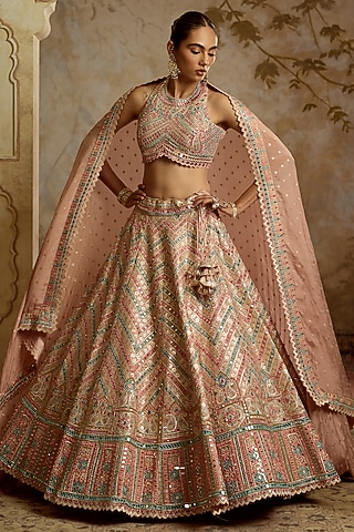 Peach Tissue Mirror & Gota Embroidered Lehenga Set by Suhino