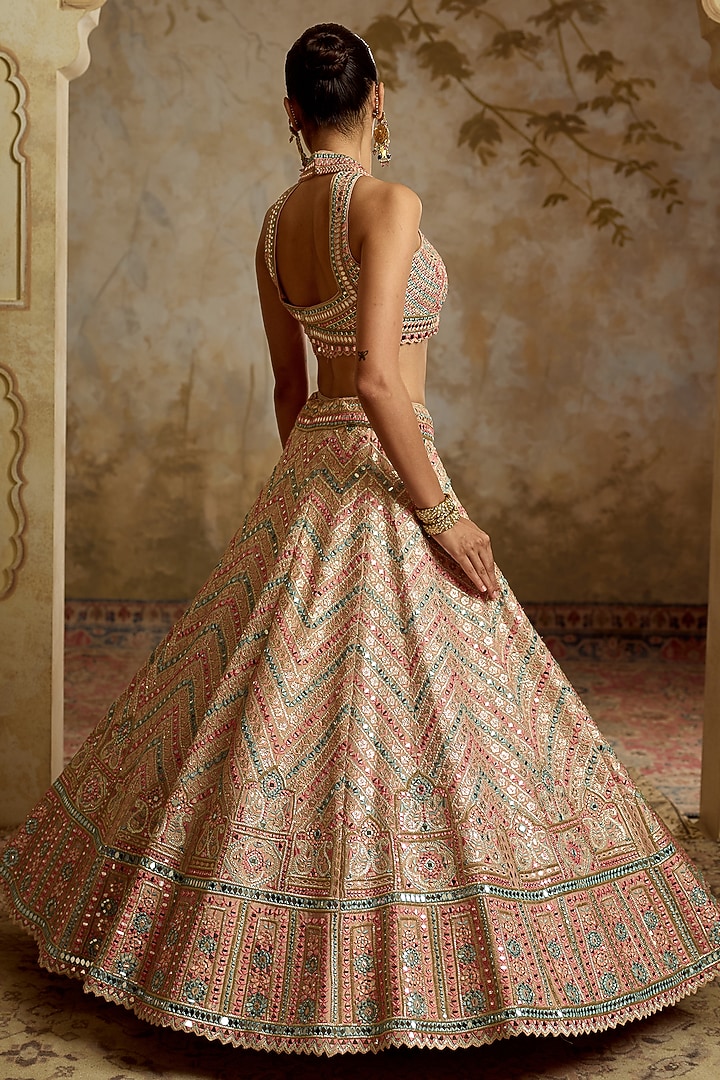 Peach Tissue Mirror & Gota Embroidered Wedding Lehenga Set by Suhino at Pernia's Pop Up Shop