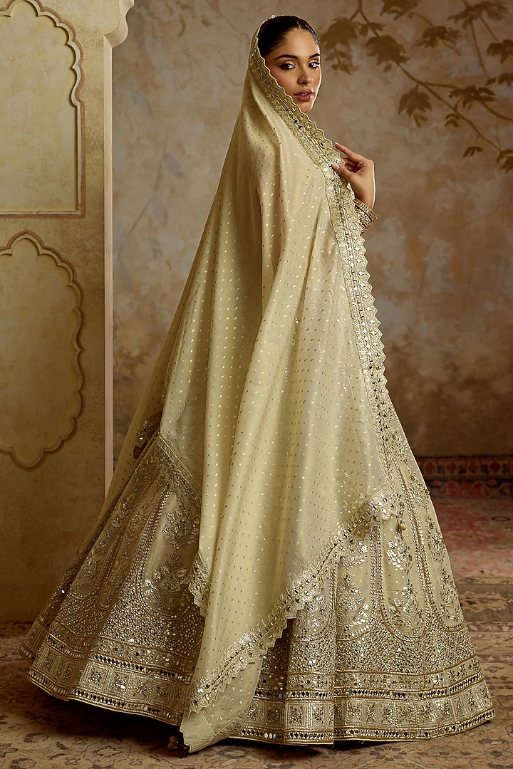 Ivory Tissue Mirror & Zari Embroidered Wedding Lehenga Set by Suhino at Pernia's Pop Up Shop
