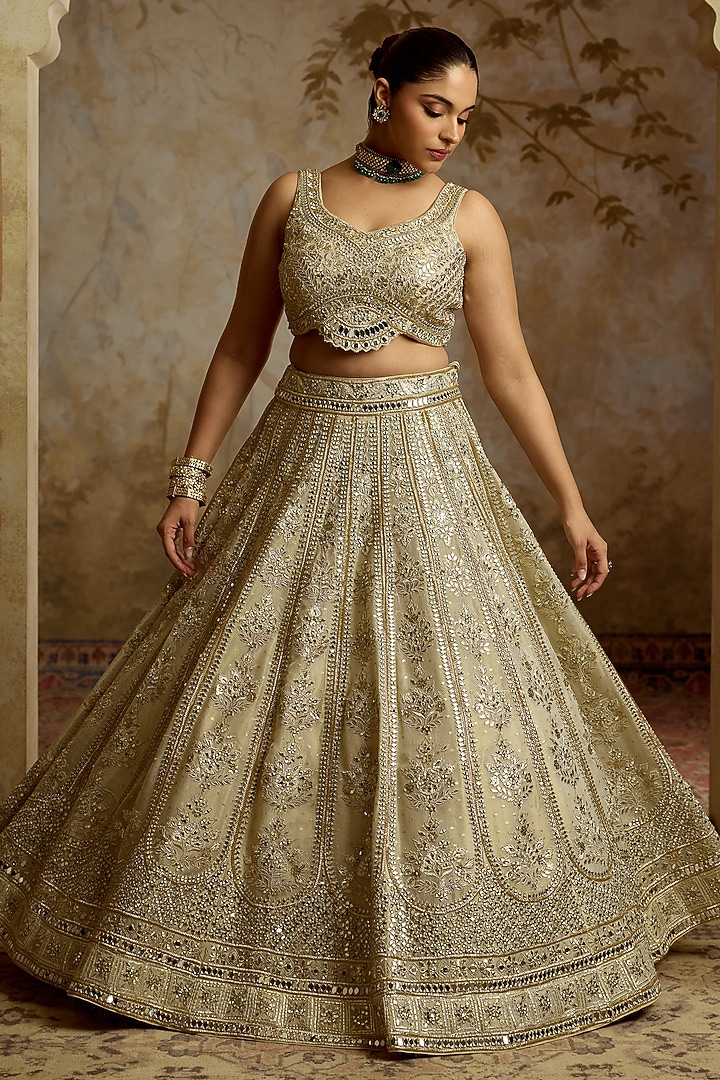 Ivory Tissue Mirror & Zari Embroidered Wedding Lehenga Set by Suhino at Pernia's Pop Up Shop