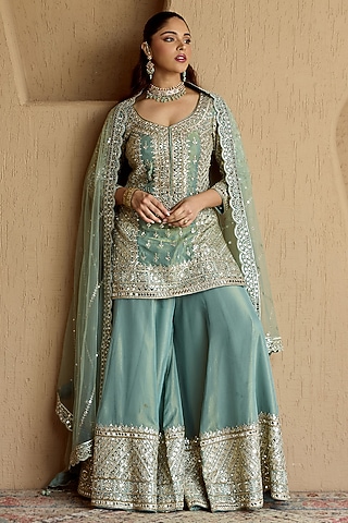 Teal Green Organza Sharara Set by Suhino