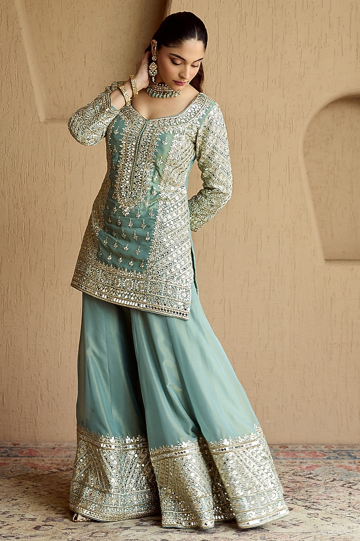 Teal Green Organza Wedding Sharara Set by Suhino at Pernia's Pop Up Shop