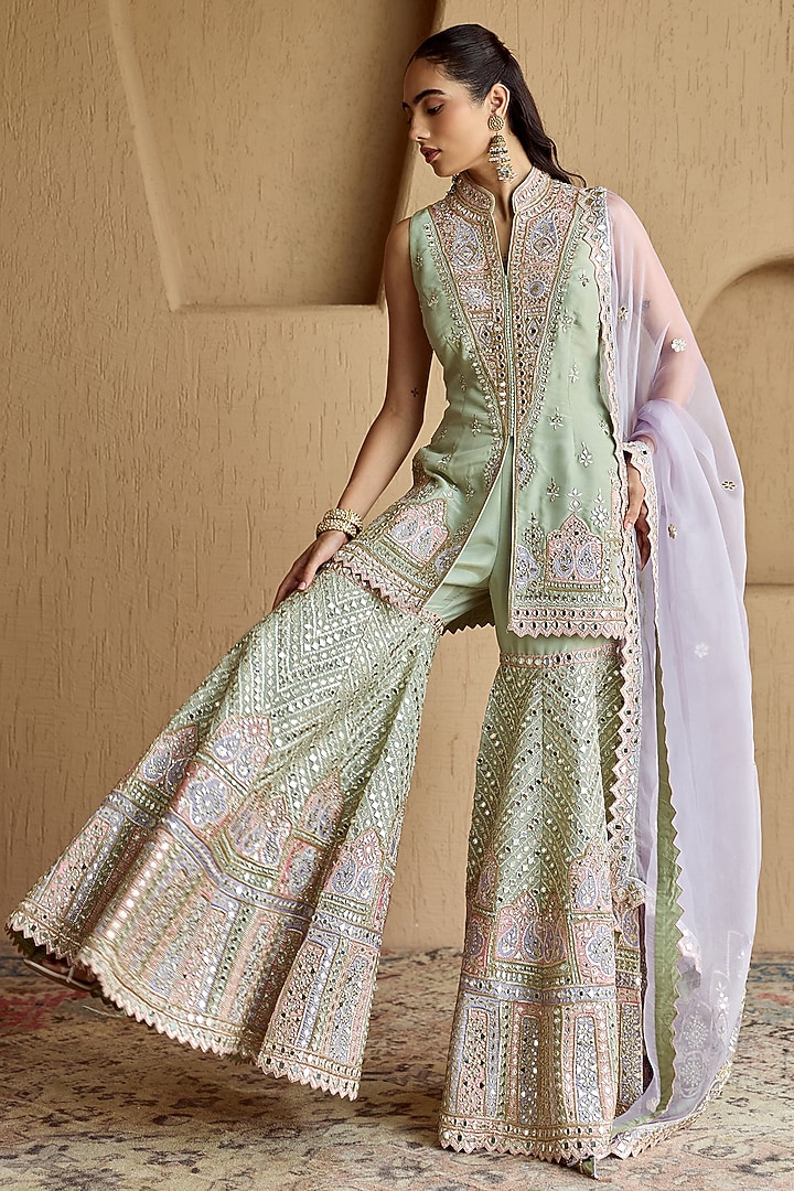 Mint Green Tissue Mirror Embroidered Wedding Sharara Set by Suhino at Pernia's Pop Up Shop