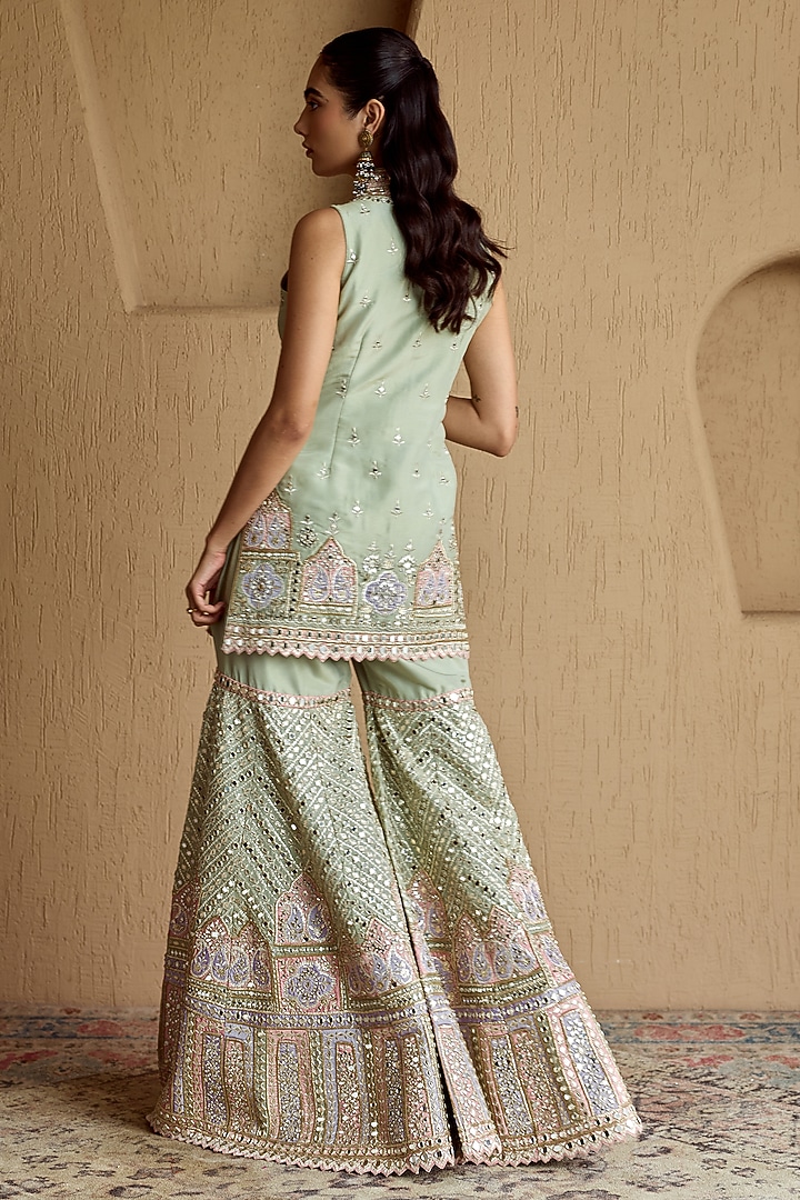 Mint Green Tissue Mirror Embroidered Wedding Sharara Set by Suhino at Pernia's Pop Up Shop