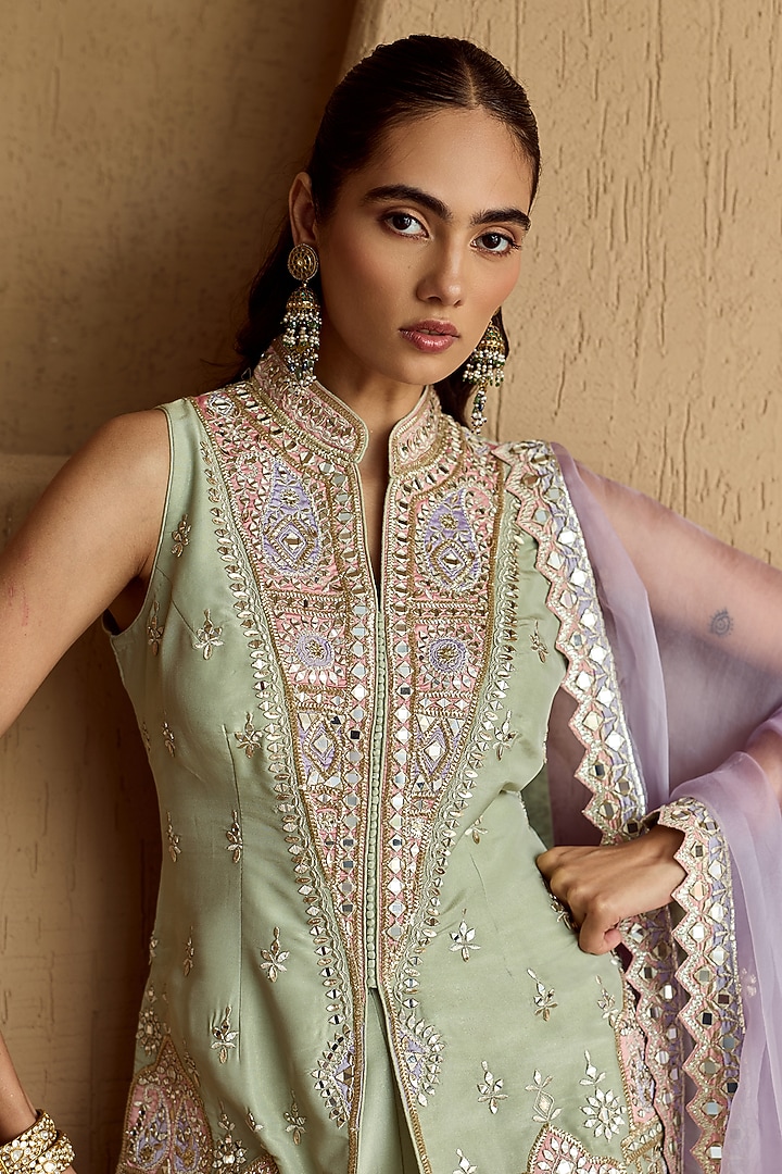 Mint Green Tissue Mirror Embroidered Wedding Sharara Set by Suhino at Pernia's Pop Up Shop