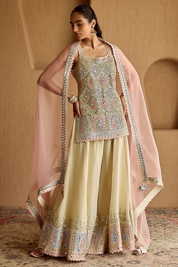 Ivory Tissue Mirror & Zari Embroidered Wedding Sharara Set by Suhino at Pernia's Pop Up Shop