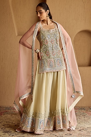 Ivory Tissue Mirror & Zari Embroidered Sharara Set by Suhino