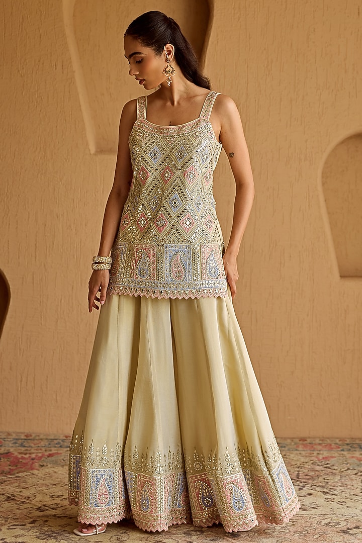 Ivory Tissue Mirror & Zari Embroidered Wedding Sharara Set by Suhino at Pernia's Pop Up Shop