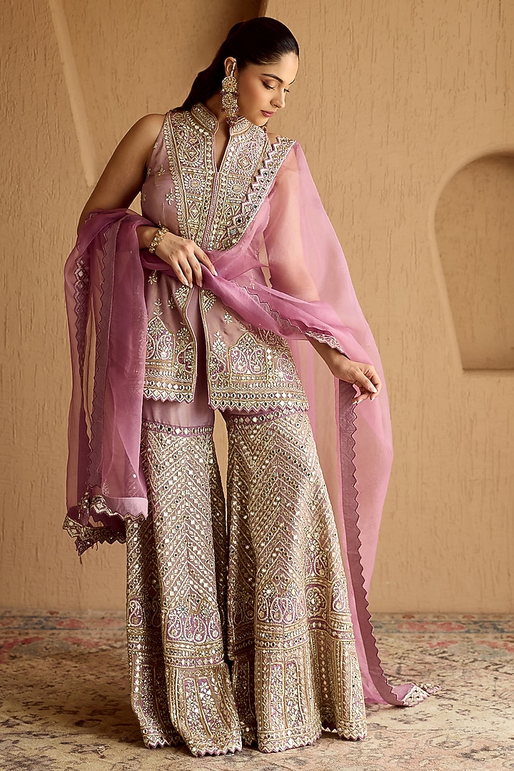 Lilac Tissue Mirror & Zari Embroidered Gharara Set by Suhino at Pernia's Pop Up Shop