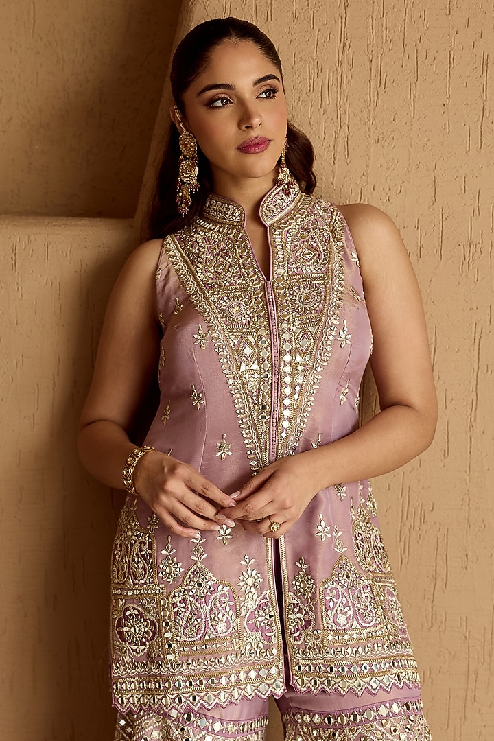 Lilac Tissue Mirror & Zari Embroidered Gharara Set by Suhino at Pernia's Pop Up Shop