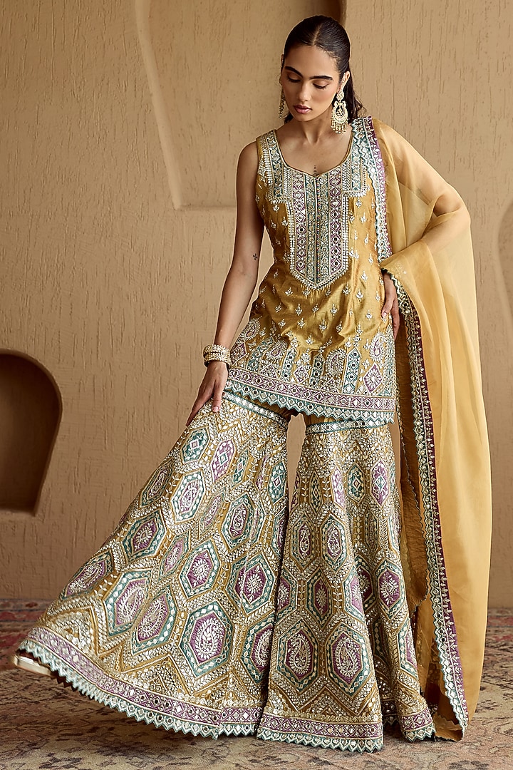 Mustard Slub Silk Mirror & Zari Embroidered Gharara Set by Suhino at Pernia's Pop Up Shop