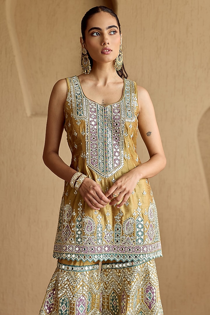 Mustard Slub Silk Mirror & Zari Embroidered Gharara Set by Suhino at Pernia's Pop Up Shop