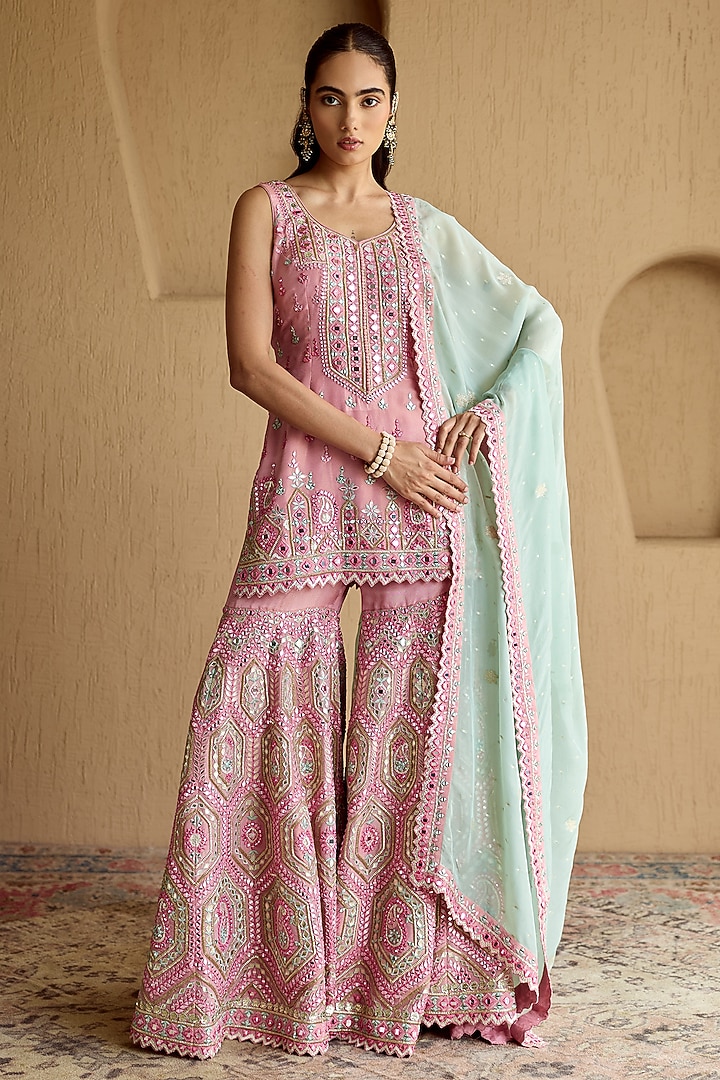 Pink Tissue Mirror Embroidered Gharara Set by Suhino at Pernia's Pop Up Shop