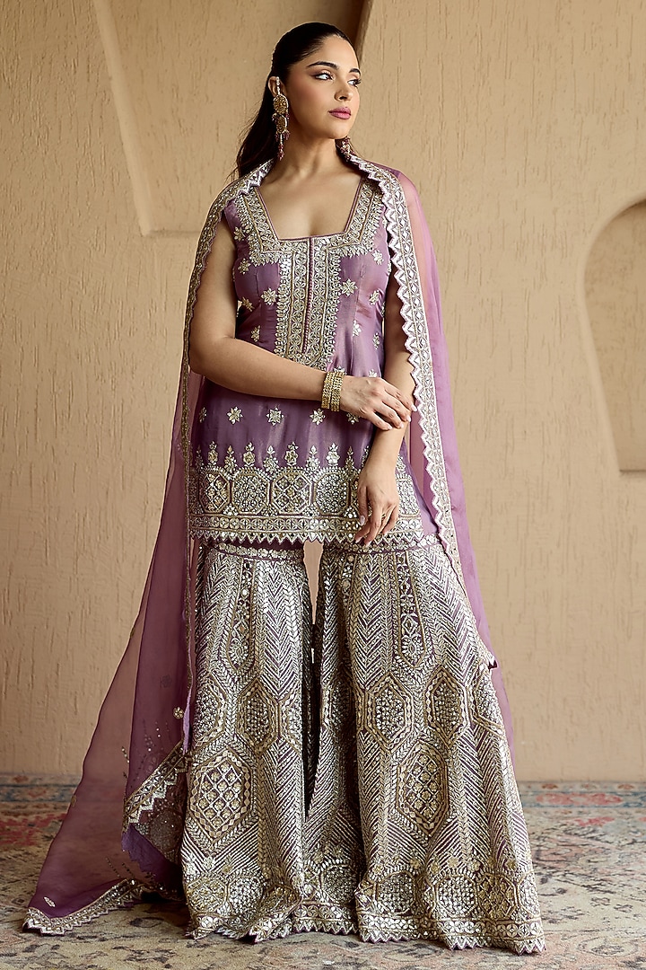 Purple Tissue Mirror Embroidered Gharara Set by Suhino at Pernia's Pop Up Shop