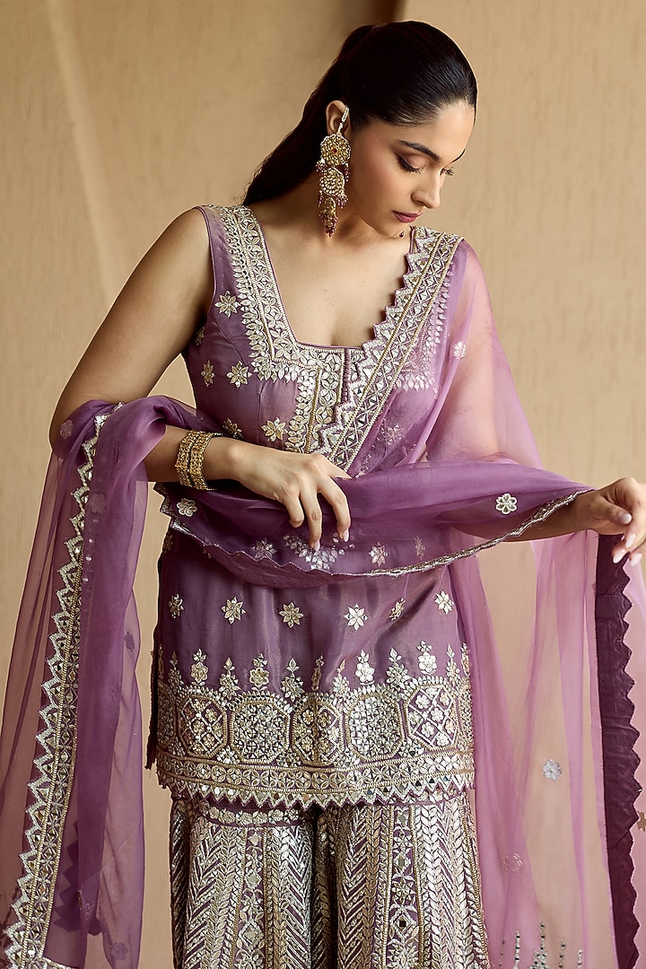 Purple Tissue Mirror Embroidered Gharara Set by Suhino at Pernia's Pop Up Shop