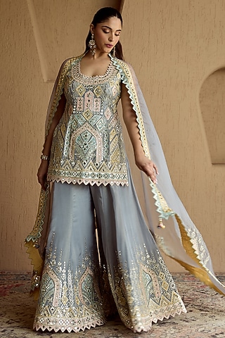 Grey Tissue Mirror Embroidered Gharara Set by Suhino