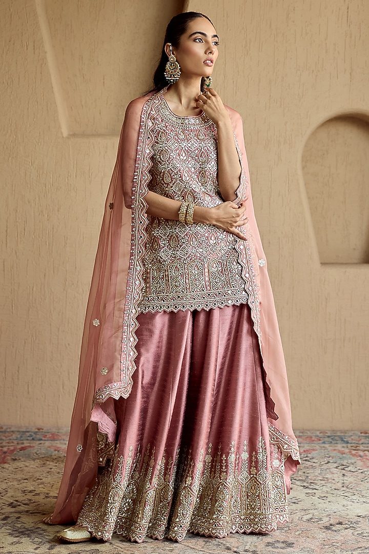 Pink Slub Silk Mirror Embroidered Wedding Sharara Set by Suhino at Pernia's Pop Up Shop