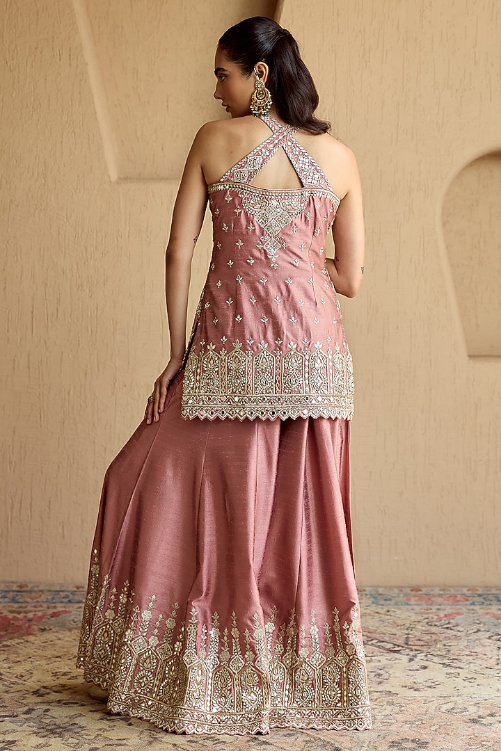 Pink Slub Silk Mirror Embroidered Wedding Sharara Set by Suhino at Pernia's Pop Up Shop