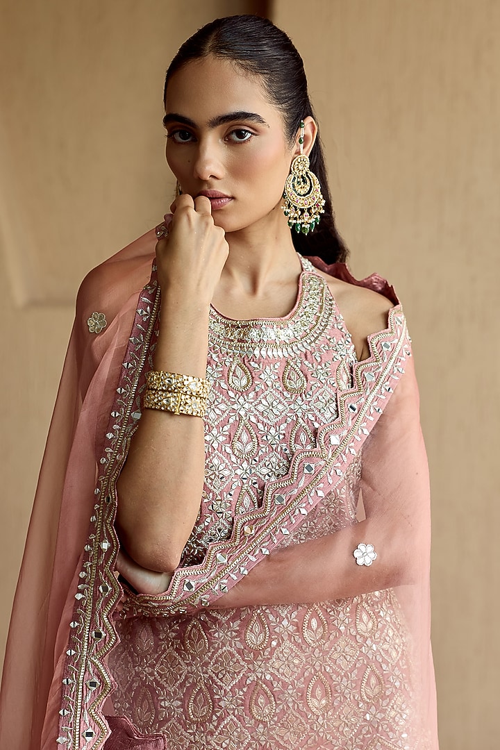 Pink Slub Silk Mirror Embroidered Wedding Sharara Set by Suhino at Pernia's Pop Up Shop