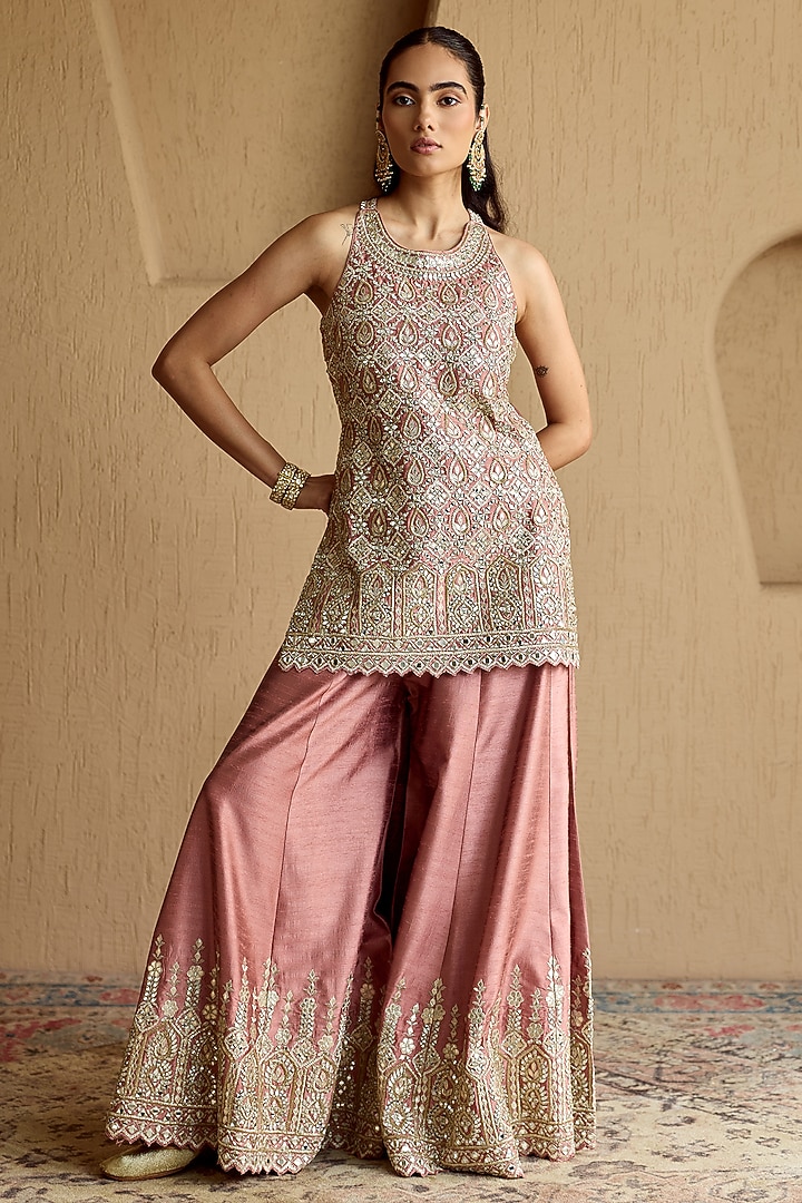 Pink Slub Silk Mirror Embroidered Wedding Sharara Set by Suhino at Pernia's Pop Up Shop