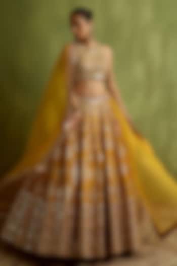 Yellow Slub Silk Mirror Embroidered Wedding Lehenga Set by Suhino at Pernia's Pop Up Shop