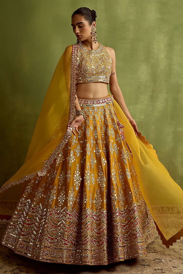 Yellow Slub Silk Mirror Embroidered Wedding Lehenga Set by Suhino at Pernia's Pop Up Shop