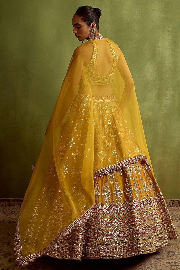 Yellow Slub Silk Mirror Embroidered Wedding Lehenga Set by Suhino at Pernia's Pop Up Shop