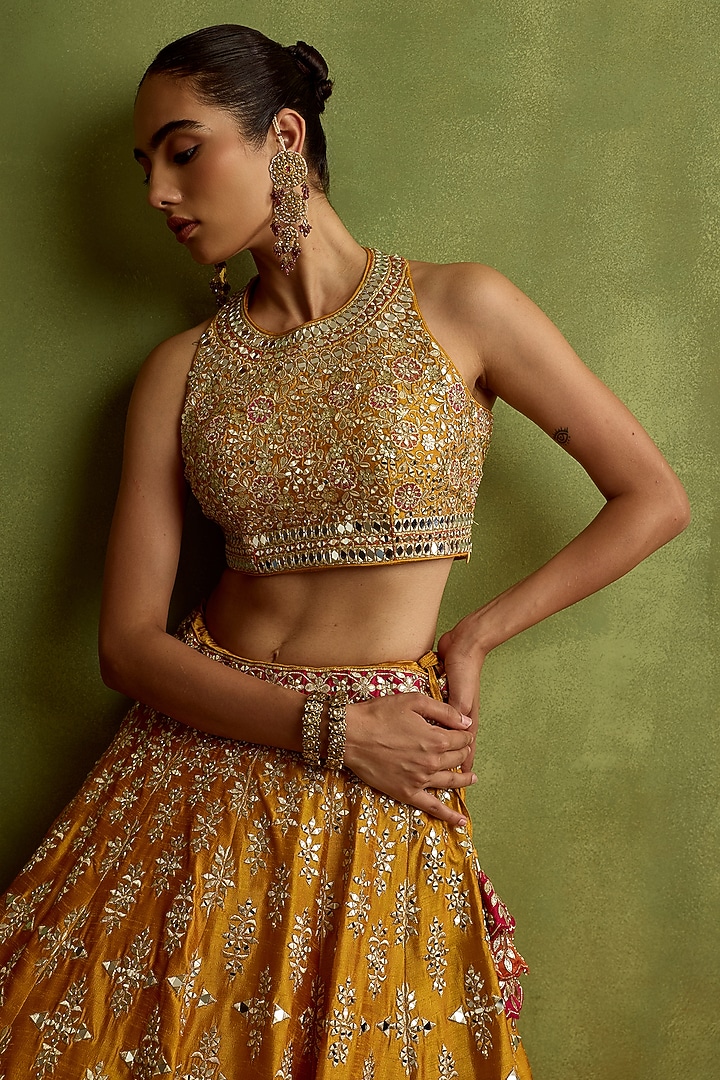 Yellow Slub Silk Mirror Embroidered Wedding Lehenga Set by Suhino at Pernia's Pop Up Shop