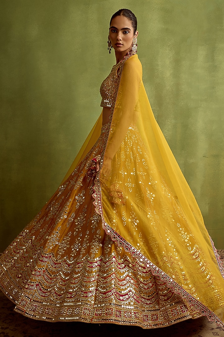 Yellow Slub Silk Mirror Embroidered Wedding Lehenga Set by Suhino at Pernia's Pop Up Shop