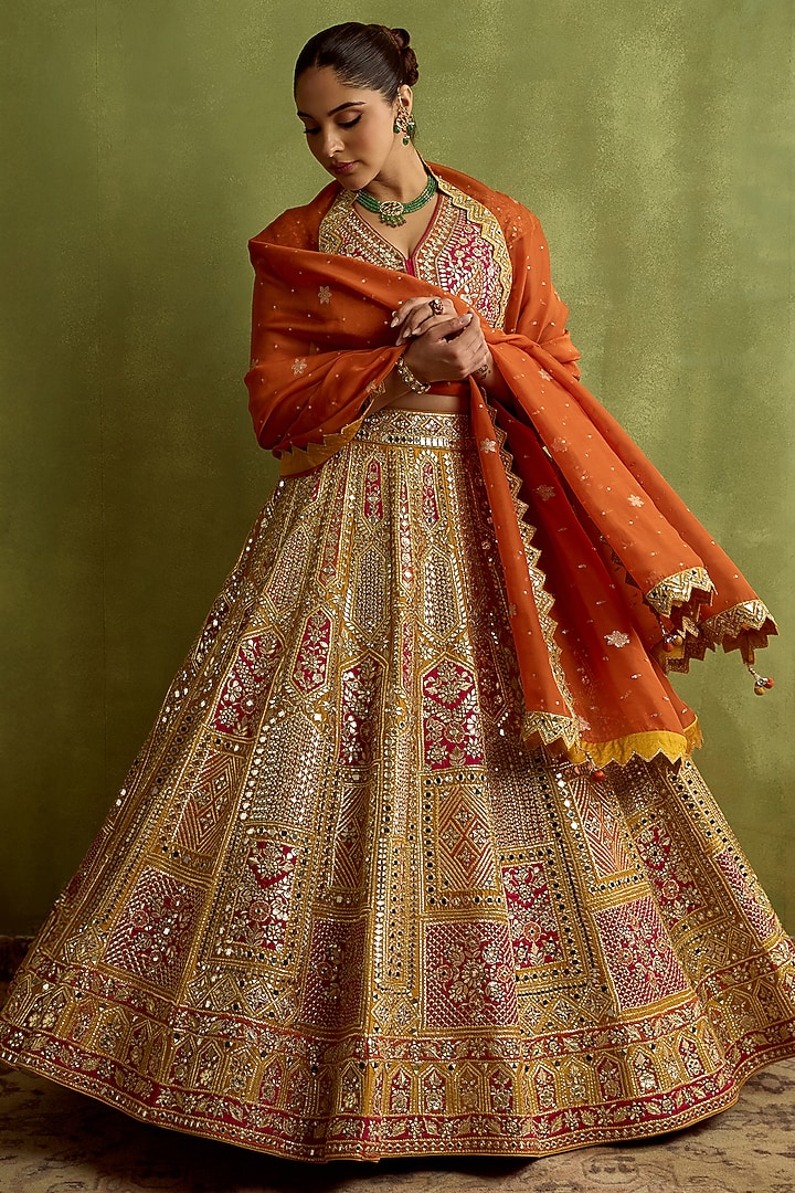 Yellow Slub Silk Gota & Zari Embroidered Wedding Lehenga Set by Suhino at Pernia's Pop Up Shop
