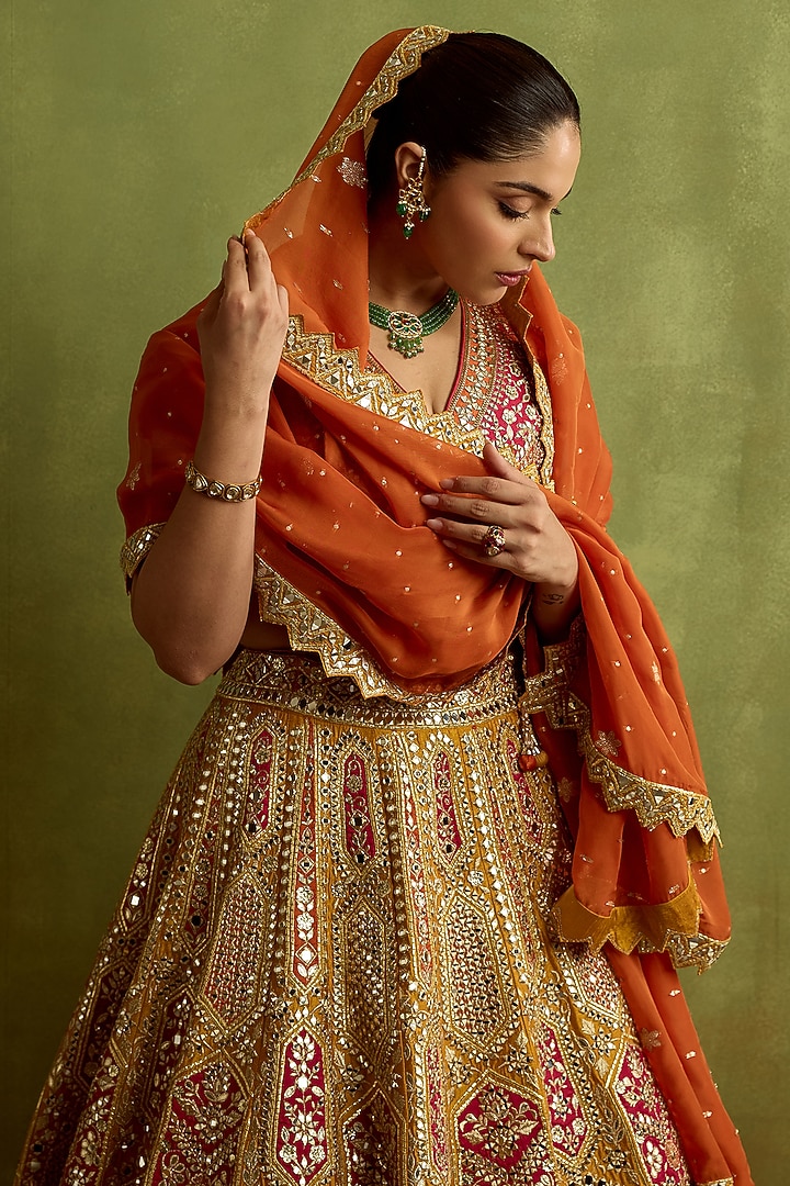 Yellow Slub Silk Gota & Zari Embroidered Wedding Lehenga Set by Suhino at Pernia's Pop Up Shop
