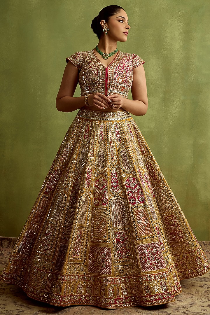 Yellow Slub Silk Gota & Zari Embroidered Wedding Lehenga Set by Suhino at Pernia's Pop Up Shop