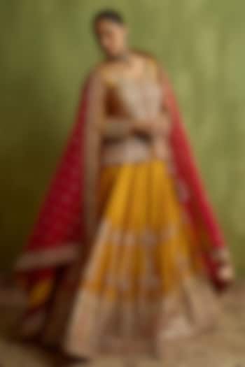 Yellow Slub Silk Mirror Embroidered Wedding Lehenga Set by Suhino at Pernia's Pop Up Shop