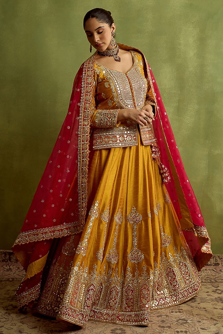 Yellow Slub Silk Mirror Embroidered Wedding Lehenga Set by Suhino at Pernia's Pop Up Shop