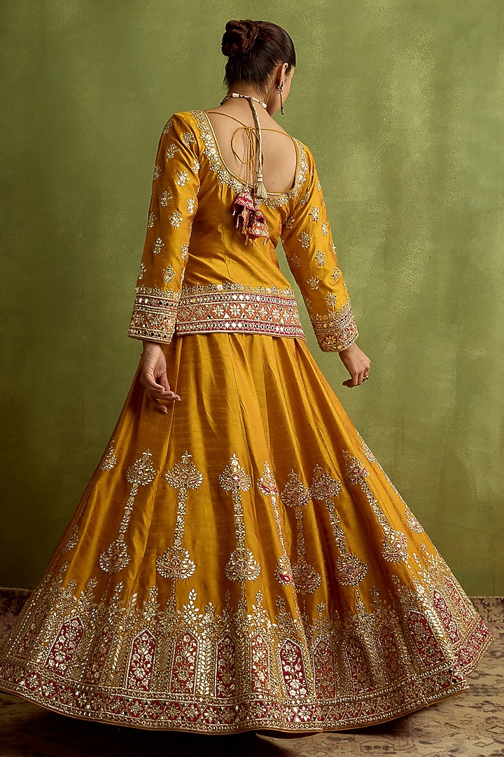 Yellow Slub Silk Mirror Embroidered Wedding Lehenga Set by Suhino at Pernia's Pop Up Shop