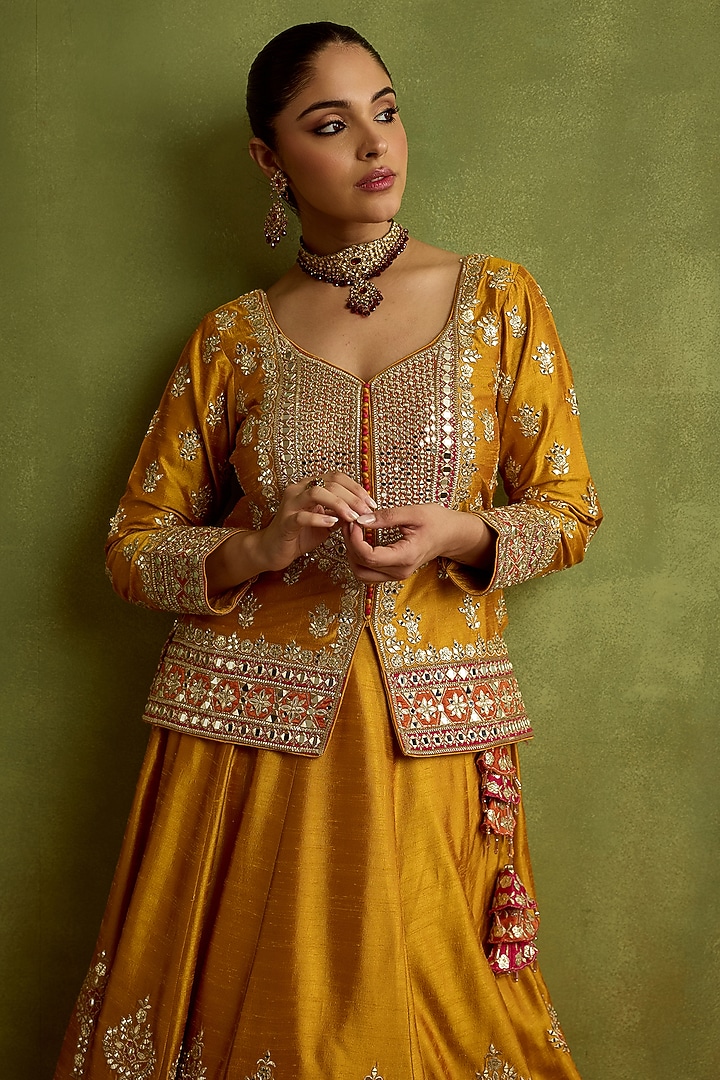 Yellow Slub Silk Mirror Embroidered Wedding Lehenga Set by Suhino at Pernia's Pop Up Shop