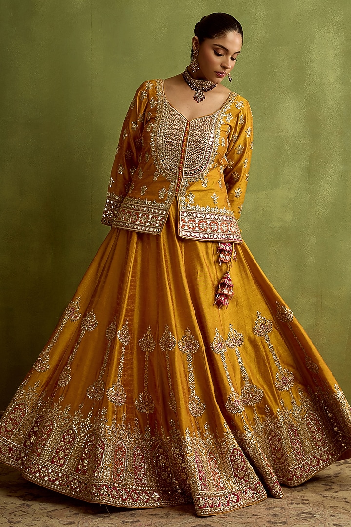 Yellow Slub Silk Mirror Embroidered Wedding Lehenga Set by Suhino at Pernia's Pop Up Shop