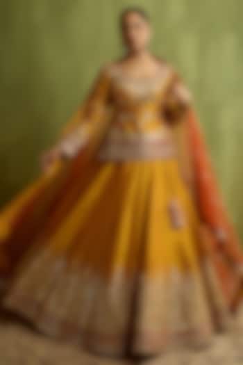 Yellow Slub Silk Mirror Embroidered Wedding Lehenga Set by Suhino at Pernia's Pop Up Shop