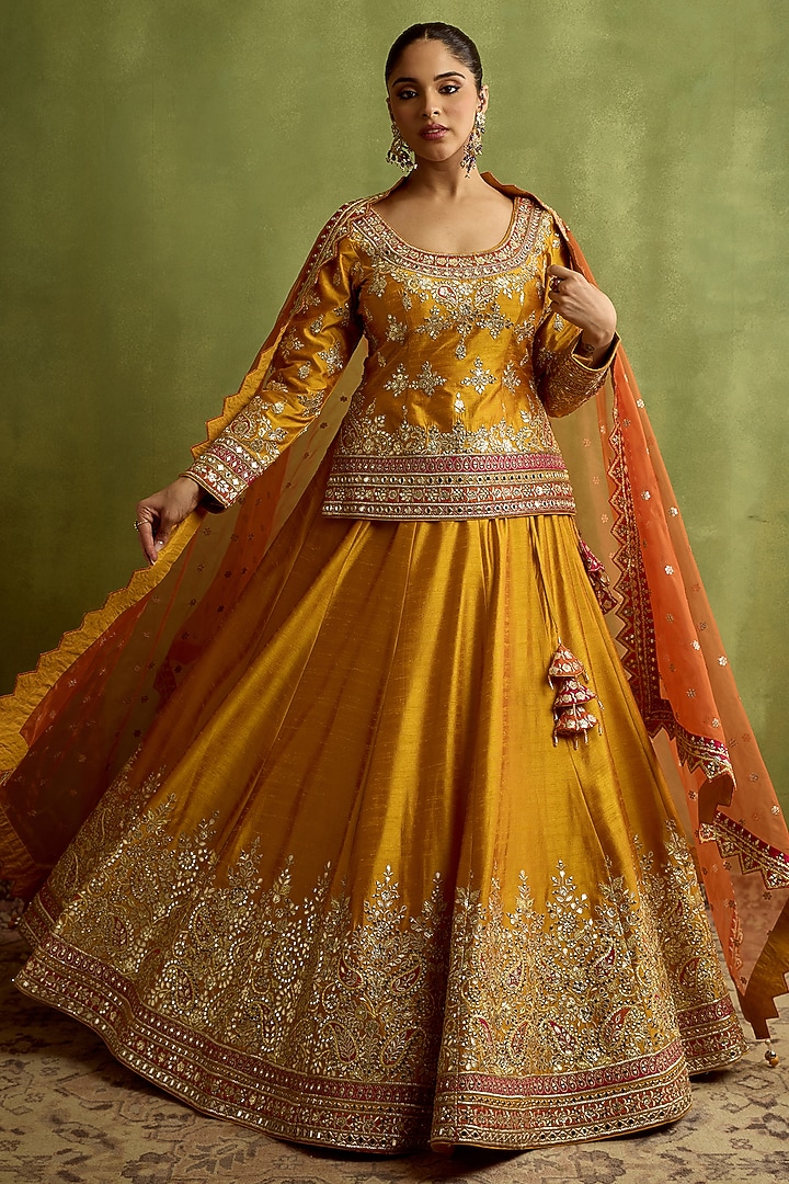 Yellow Slub Silk Mirror Embroidered Wedding Lehenga Set by Suhino at Pernia's Pop Up Shop