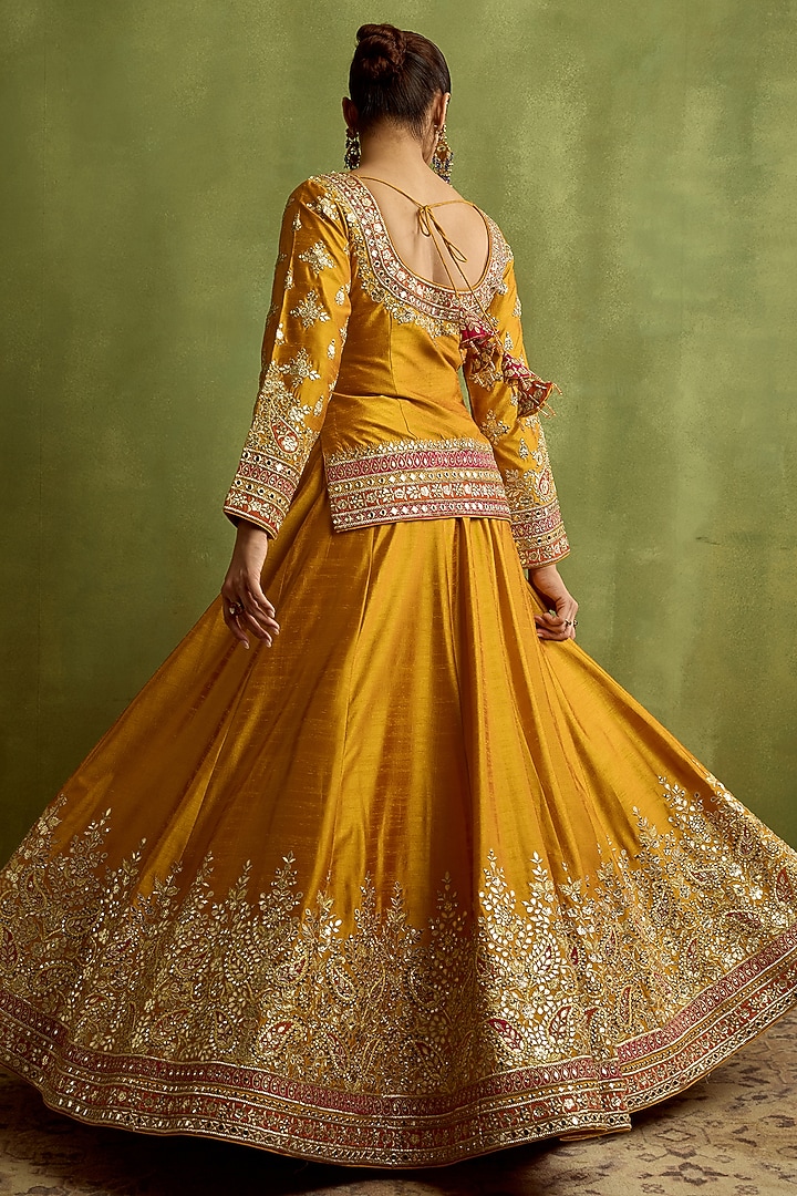 Yellow Slub Silk Mirror Embroidered Wedding Lehenga Set by Suhino at Pernia's Pop Up Shop