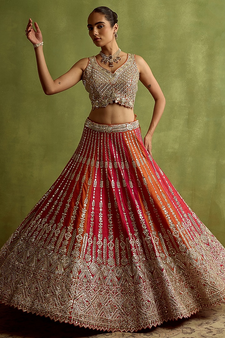 Rani Pink & Rust Slub Silk Mirror Embroidered Wedding Lehenga Set by Suhino at Pernia's Pop Up Shop