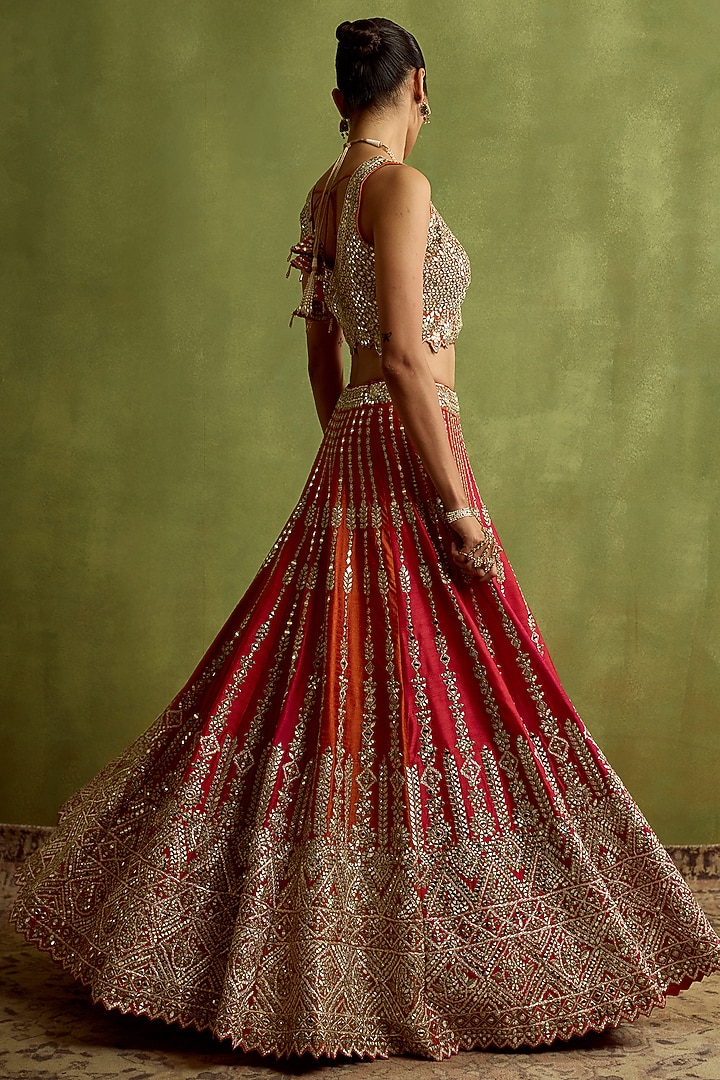 Rani Pink & Rust Slub Silk Mirror Embroidered Wedding Lehenga Set by Suhino at Pernia's Pop Up Shop