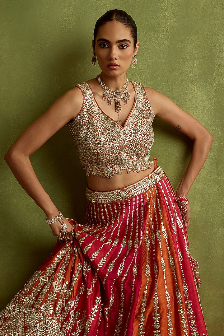 Rani Pink & Rust Slub Silk Mirror Embroidered Wedding Lehenga Set by Suhino at Pernia's Pop Up Shop