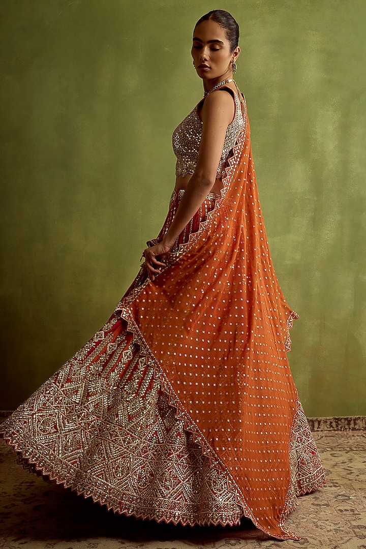 Rani Pink & Rust Slub Silk Mirror Embroidered Wedding Lehenga Set by Suhino at Pernia's Pop Up Shop