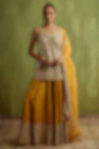 Yellow Slub Silk Mirror Embroidered Wedding Sharara Set by Suhino at Pernia's Pop Up Shop